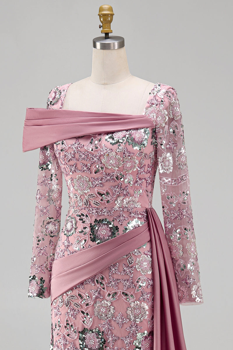Load image into Gallery viewer, Sparkly Pink Mermaid Long Sleeves Beaded Floral Long Formal Dress with Side Cape