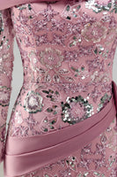 Load image into Gallery viewer, Sparkly Pink Mermaid Long Sleeves Beaded Floral Long Formal Dress with Side Cape