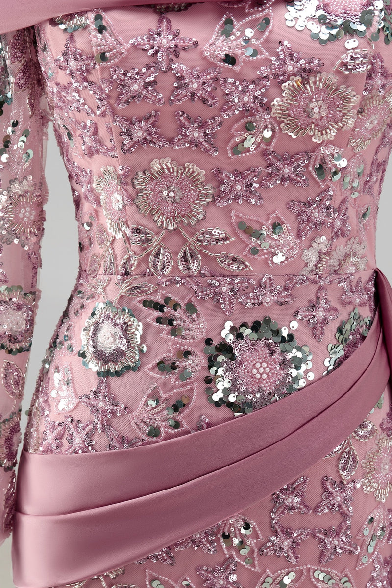 Load image into Gallery viewer, Sparkly Pink Mermaid Long Sleeves Beaded Floral Long Formal Dress with Side Cape