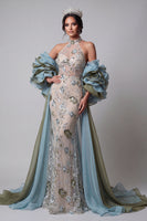 Load image into Gallery viewer, Sparkly Champagne Mermaid Ruffled Beaded Floral Long Formal Dress with Cape