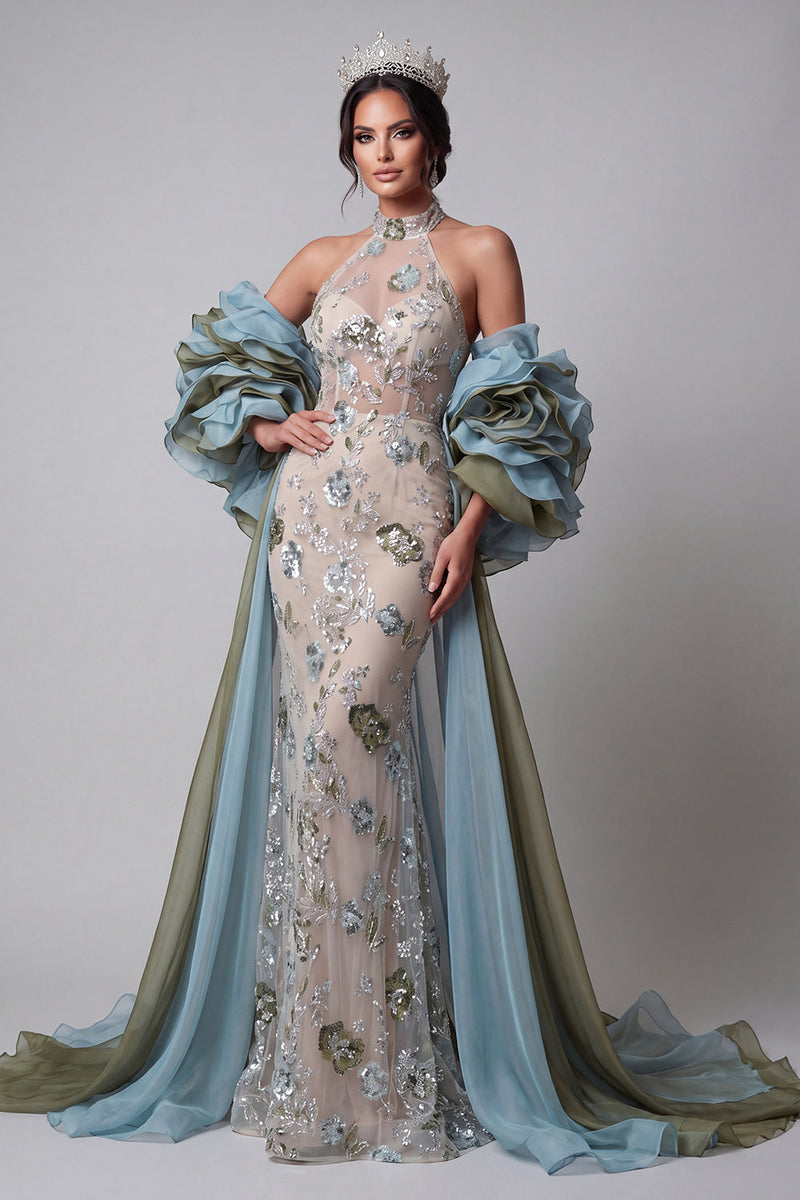 Load image into Gallery viewer, Sparkly Champagne Mermaid Ruffled Beaded Floral Long Formal Dress with Cape