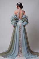 Load image into Gallery viewer, Sparkly Champagne Mermaid Ruffled Beaded Floral Long Formal Dress with Cape