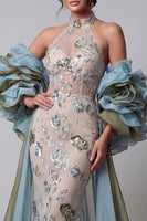 Load image into Gallery viewer, Sparkly Champagne Mermaid Ruffled Beaded Floral Long Formal Dress with Cape