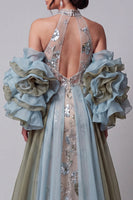 Load image into Gallery viewer, Sparkly Champagne Mermaid Ruffled Beaded Floral Long Formal Dress with Cape