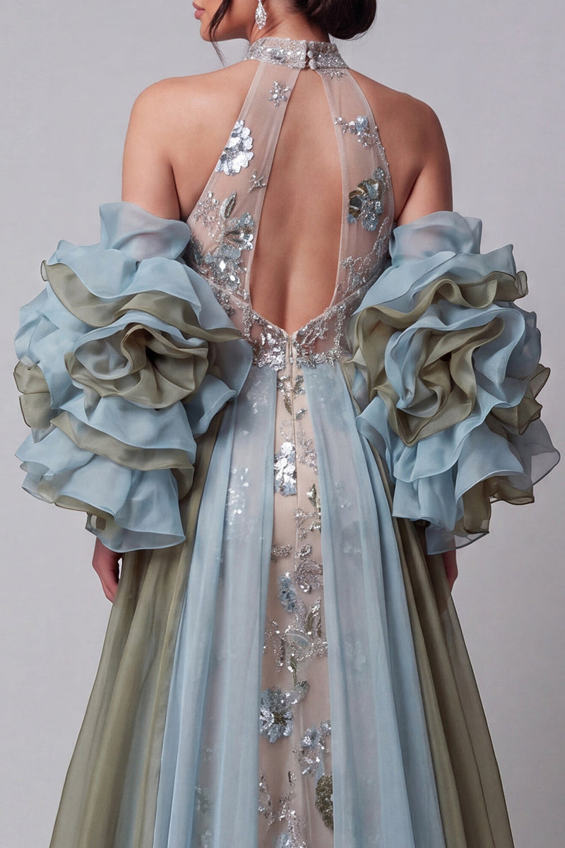 Load image into Gallery viewer, Sparkly Champagne Mermaid Ruffled Beaded Floral Long Formal Dress with Cape