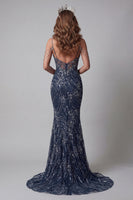 Load image into Gallery viewer, Sparkly Navy Mermaid Beaded Cold Shoulder Long Formal Dress