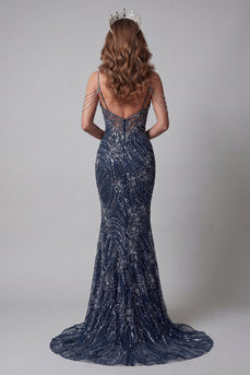 Sparkly Navy Mermaid Beaded Cold Shoulder Long Formal Dress