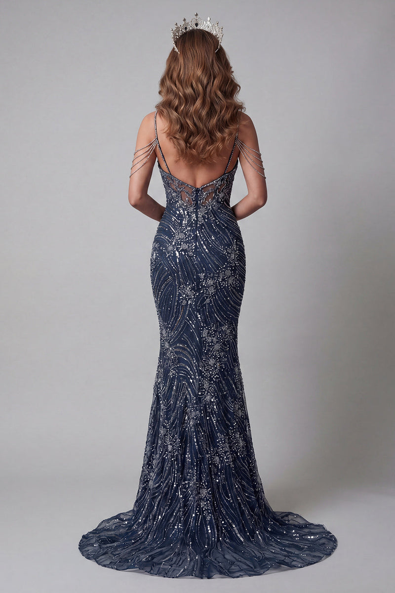 Load image into Gallery viewer, Sparkly Navy Mermaid Beaded Cold Shoulder Long Formal Dress