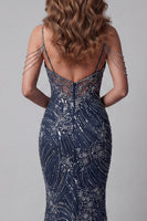 Load image into Gallery viewer, Sparkly Navy Mermaid Beaded Cold Shoulder Long Formal Dress