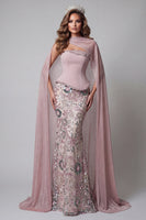 Load image into Gallery viewer, Sparkly Pink Strapless Mermaid Basque Waist Beaded Long Floral Formal Dress with Cape