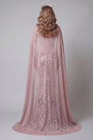 Load image into Gallery viewer, Sparkly Pink Strapless Mermaid Basque Waist Beaded Long Floral Formal Dress with Cape
