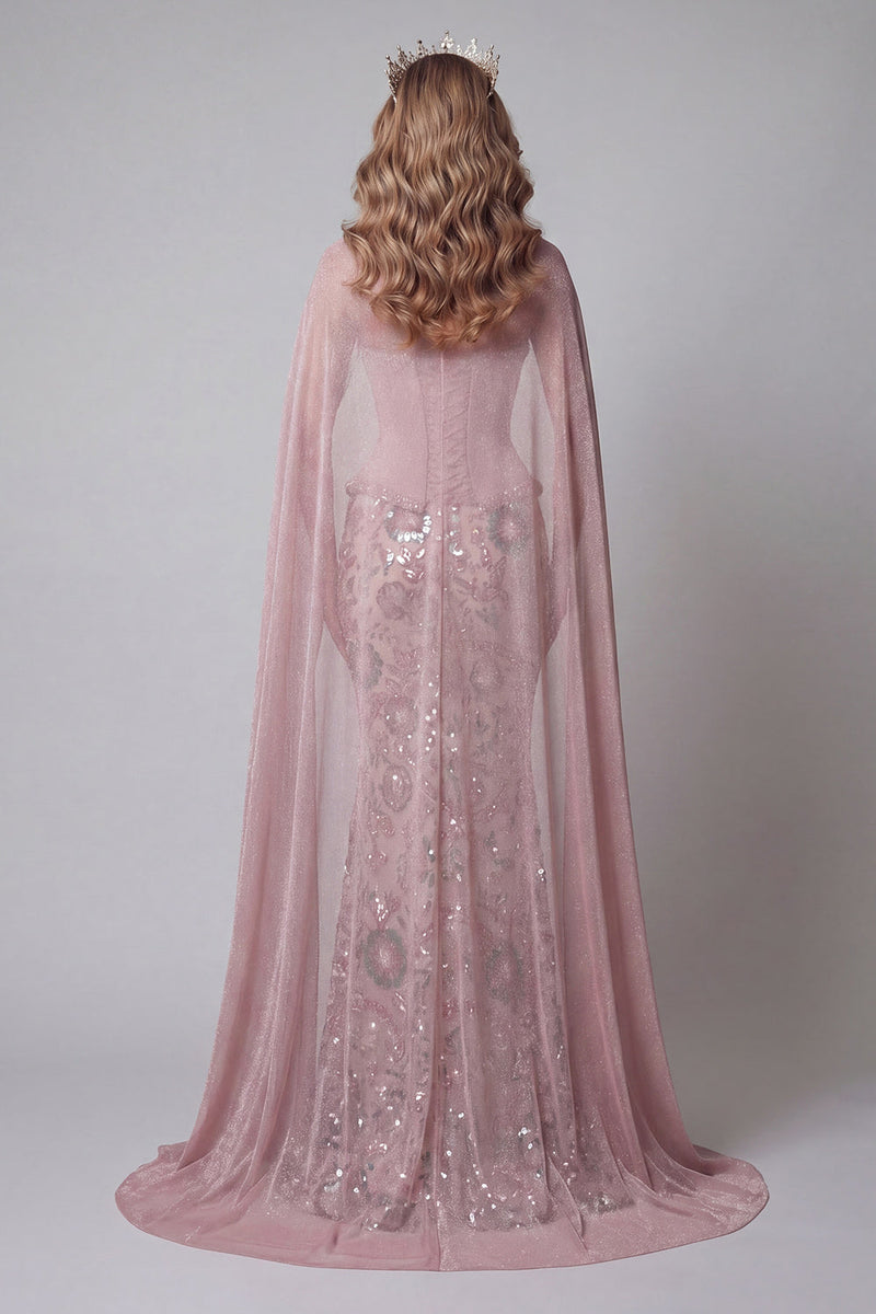 Load image into Gallery viewer, Sparkly Pink Strapless Mermaid Basque Waist Beaded Long Floral Formal Dress with Cape