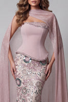 Load image into Gallery viewer, Sparkly Pink Strapless Mermaid Basque Waist Beaded Long Floral Formal Dress with Cape