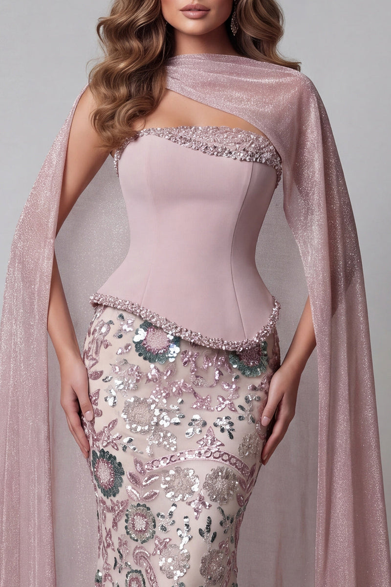 Load image into Gallery viewer, Sparkly Pink Strapless Mermaid Basque Waist Beaded Long Floral Formal Dress with Cape