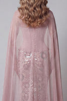 Load image into Gallery viewer, Sparkly Pink Strapless Mermaid Basque Waist Beaded Long Floral Formal Dress with Cape