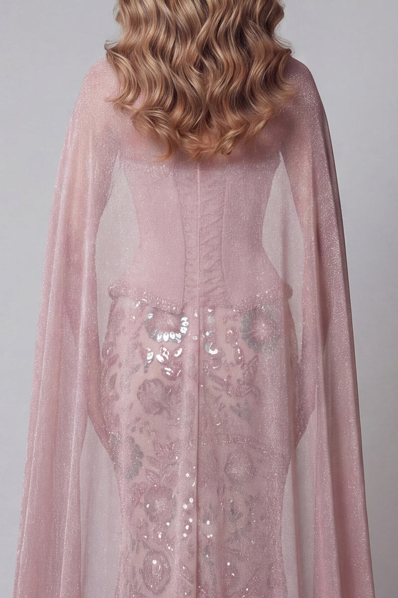 Load image into Gallery viewer, Sparkly Pink Strapless Mermaid Basque Waist Beaded Long Floral Formal Dress with Cape