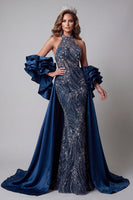 Load image into Gallery viewer, Sparkly Navy Mermaid Beaded Long Ruffled Formal Dress with Cape