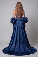 Load image into Gallery viewer, Sparkly Navy Mermaid Beaded Long Ruffled Formal Dress with Cape