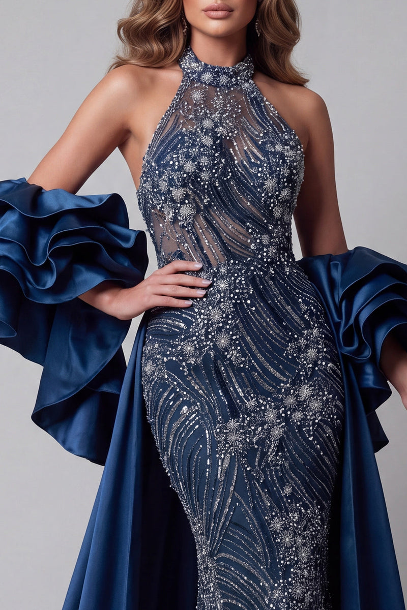 Load image into Gallery viewer, Sparkly Navy Mermaid Beaded Long Ruffled Formal Dress with Cape
