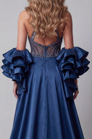 Load image into Gallery viewer, Sparkly Navy Mermaid Beaded Long Ruffled Formal Dress with Cape