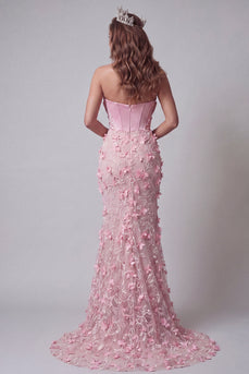 Pink Mermaid Ruffled Corset Floral Beaded Long Formal Dress