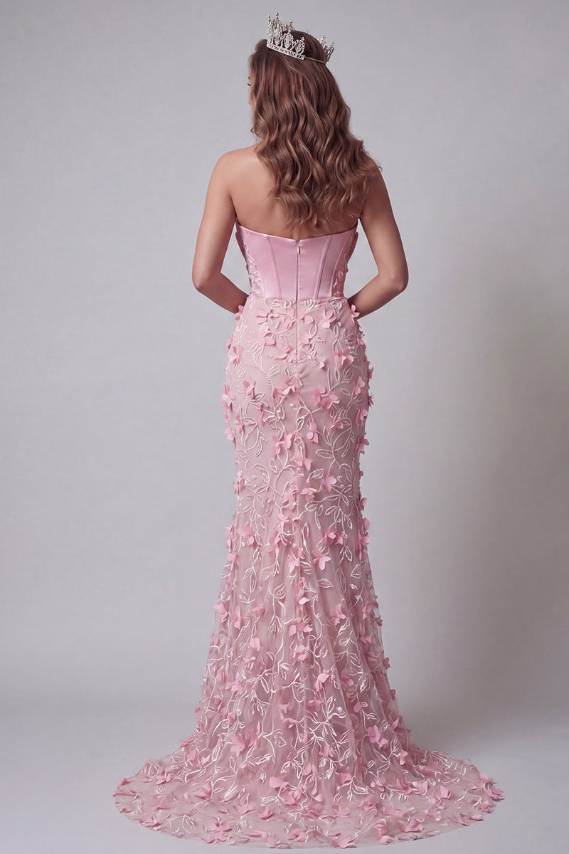 Load image into Gallery viewer, Pink Mermaid Ruffled Corset Floral Beaded Long Formal Dress