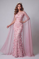 Load image into Gallery viewer, Pink Mermaid Boat Neck Floral Long Beaded Formal Dress