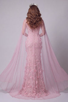 Pink Mermaid Boat Neck Floral Long Beaded Formal Dress