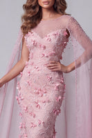 Load image into Gallery viewer, Pink Mermaid Boat Neck Floral Long Beaded Formal Dress