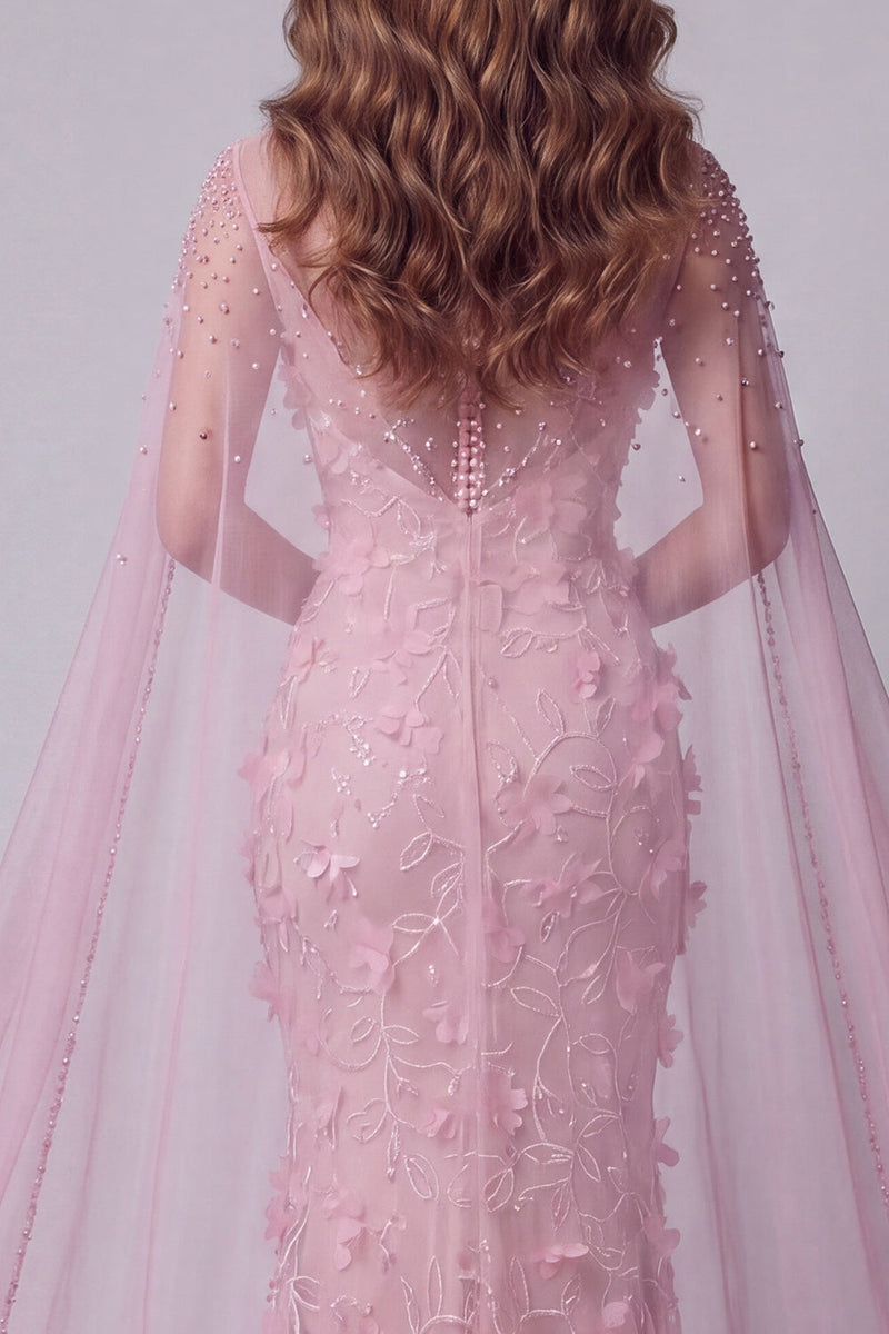Load image into Gallery viewer, Pink Mermaid Boat Neck Floral Long Beaded Formal Dress