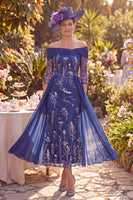 Load image into Gallery viewer, Navy Sheath 3/4 Sleeves Floral Long Mother of the Bride Dress with Cape