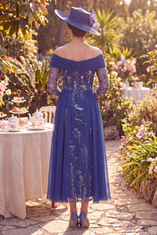 Navy Sheath 3/4 Sleeves Floral Long Mother of the Bride Dress with Cape