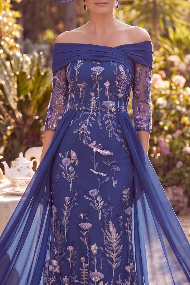 Load image into Gallery viewer, Navy Sheath 3/4 Sleeves Floral Long Mother of the Bride Dress with Cape