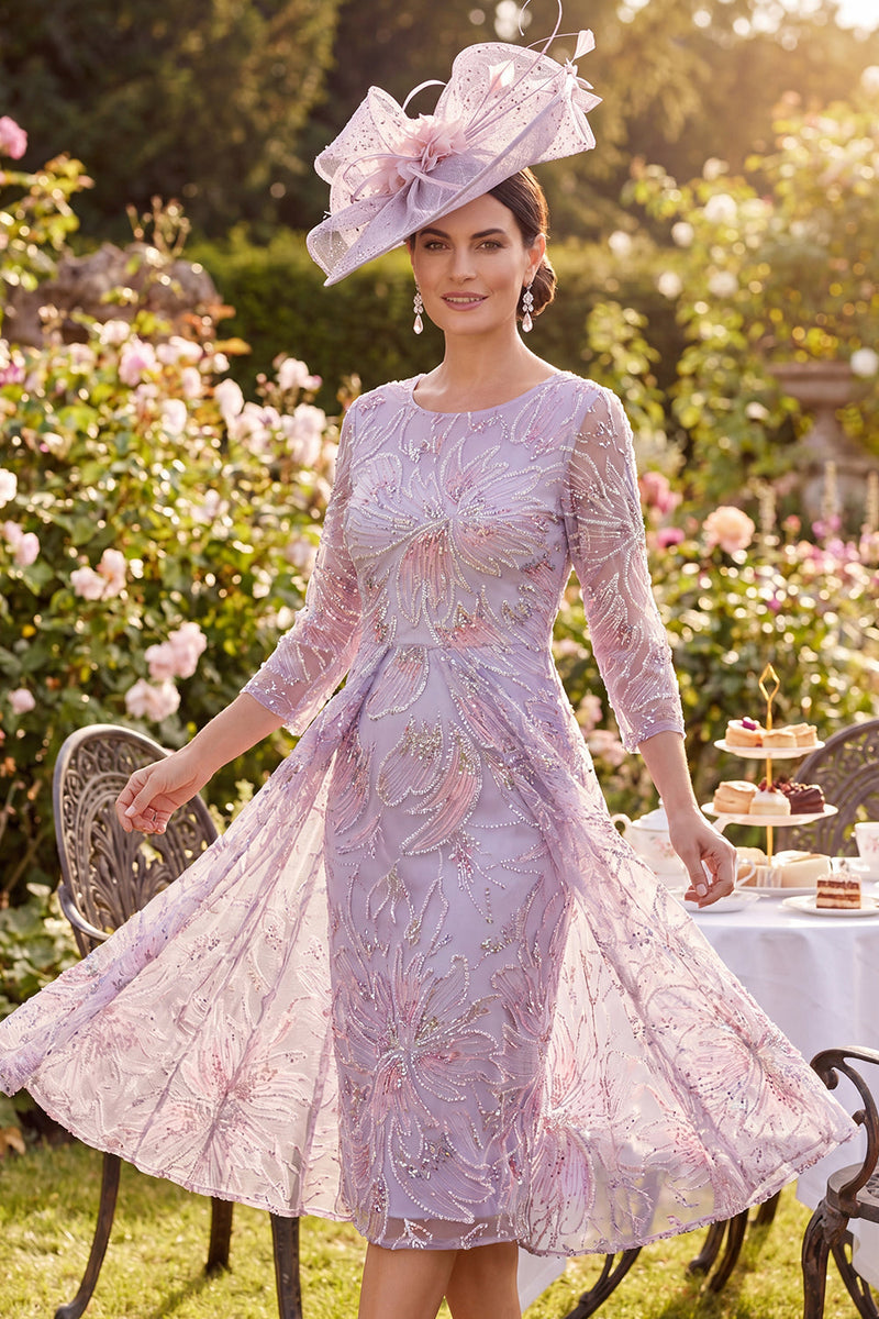 Load image into Gallery viewer, Sparkly Lilac Bodycon Beaded Floral Midi Mother of the Bride Dress with Cape
