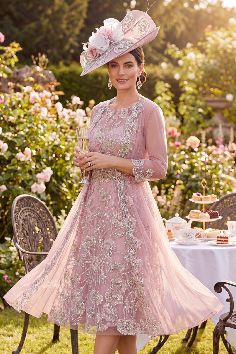 Load image into Gallery viewer, Sparkly Blush A Line Round Neck Midi Beaded Floral Mother of the Bride Dress