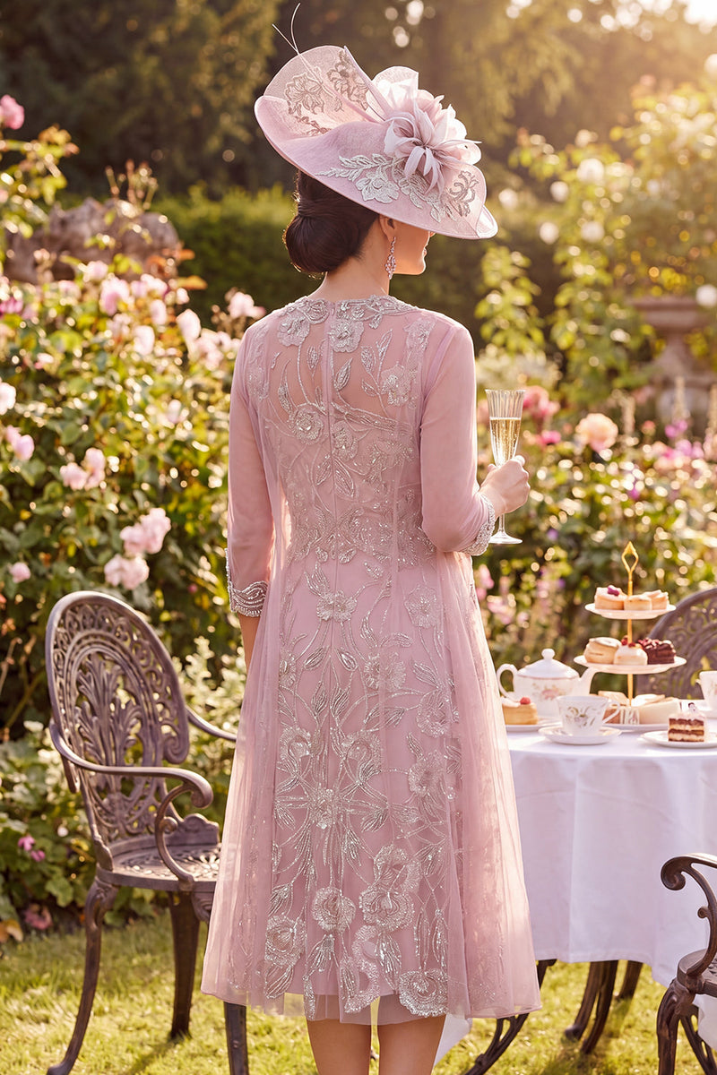 Load image into Gallery viewer, Sparkly Blush A Line Round Neck Midi Beaded Floral Mother of the Bride Dress