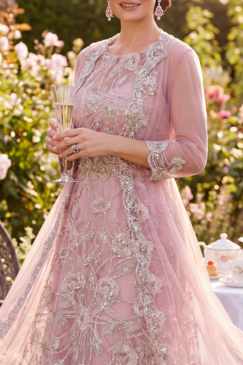 Load image into Gallery viewer, Sparkly Blush A Line Round Neck Midi Beaded Floral Mother of the Bride Dress