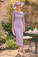 Load image into Gallery viewer, Sparkly Grey Purple Beaded Ruched 3/4 Sleeves Sheathn Long Mother of the Bride Dress