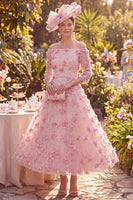 Load image into Gallery viewer, Pink Beaded A Line Off the Shoulder Long Floral Mother of the Bride Dress