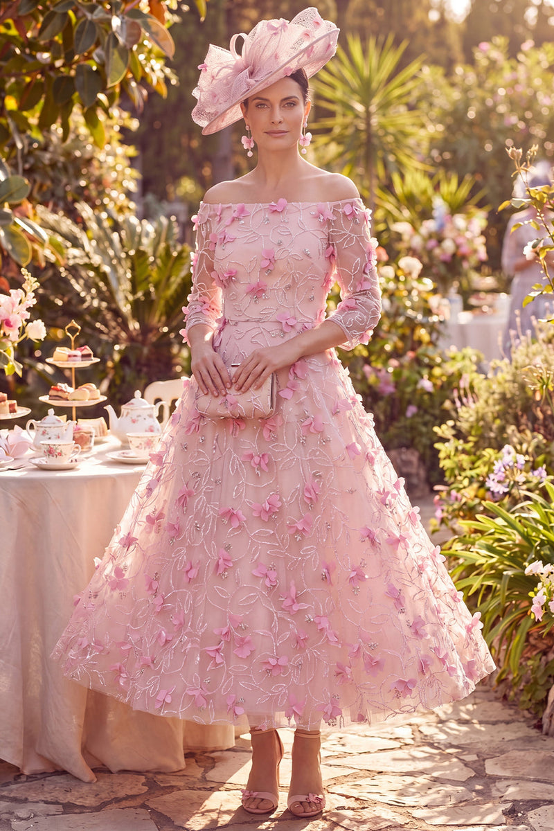 Load image into Gallery viewer, Pink Beaded A Line Off the Shoulder Long Floral Mother of the Bride Dress