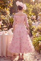Load image into Gallery viewer, Pink Beaded A Line Off the Shoulder Long Floral Mother of the Bride Dress