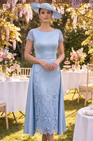 Load image into Gallery viewer, Blue Sheath Floral Short Sleeves Long Mother of the Bride Dress with Cape