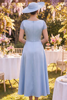 Load image into Gallery viewer, Blue Sheath Floral Short Sleeves Long Mother of the Bride Dress with Cape