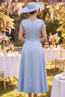 Blue Sheath Floral Short Sleeves Long Mother of the Bride Dress with Cape