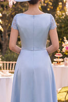 Load image into Gallery viewer, Blue Sheath Floral Short Sleeves Long Mother of the Bride Dress with Cape