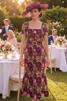 Load image into Gallery viewer, Burgundy Floral Square Neck Mermaid Maxi Mother of the Bride Dress with Belt