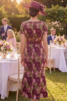 Burgundy Floral Square Neck Mermaid Maxi Mother of the Bride Dress with Belt