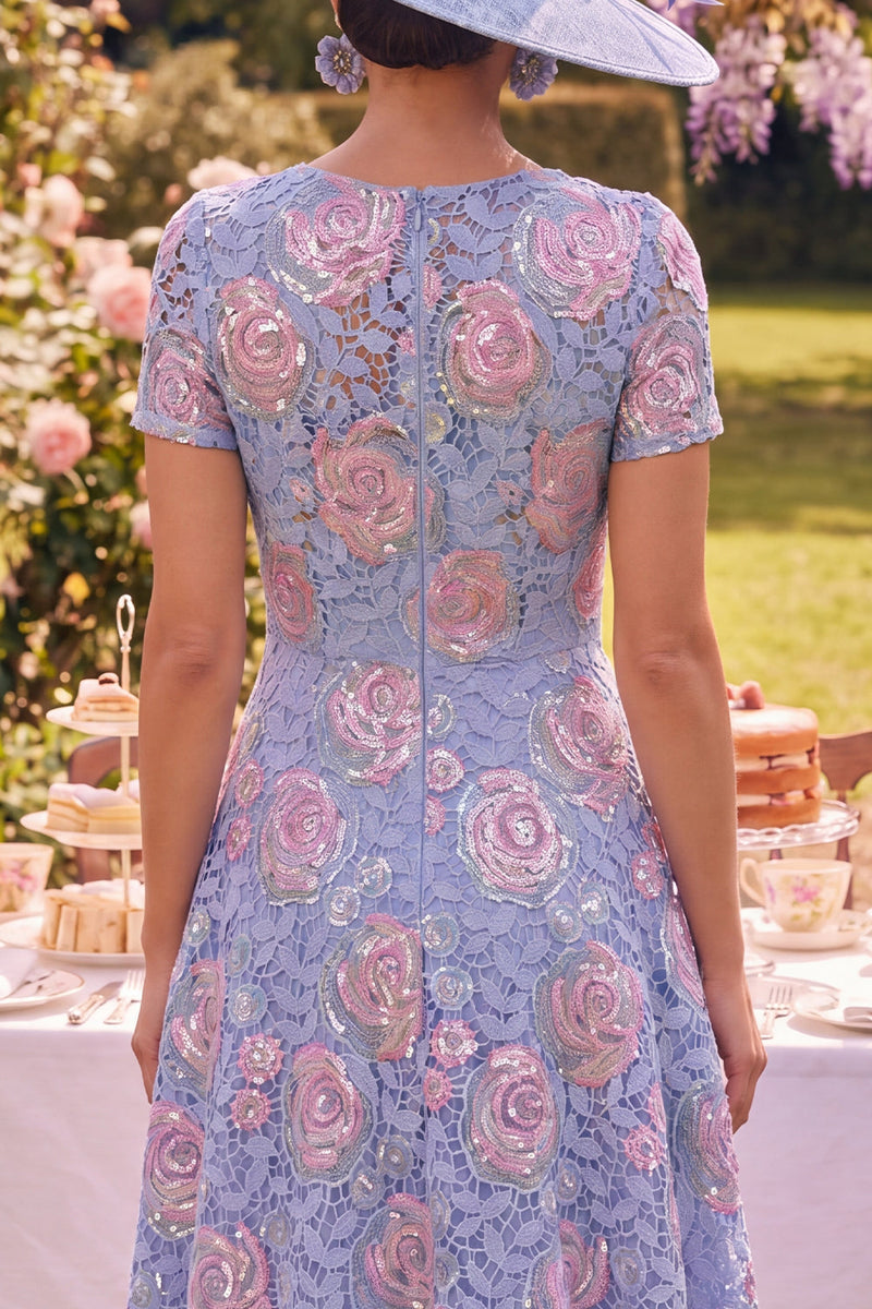 Load image into Gallery viewer, Sparkly Blue A Line Boat Neck Beaded Maxi Floral Mother of the Bride Dress