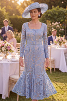 Load image into Gallery viewer, Grey Blue Mermaid Square Neck Floral Maxi Mother of the Bride Dress with Belt