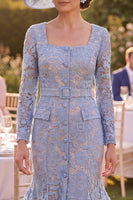 Load image into Gallery viewer, Grey Blue Mermaid Square Neck Floral Maxi Mother of the Bride Dress with Belt